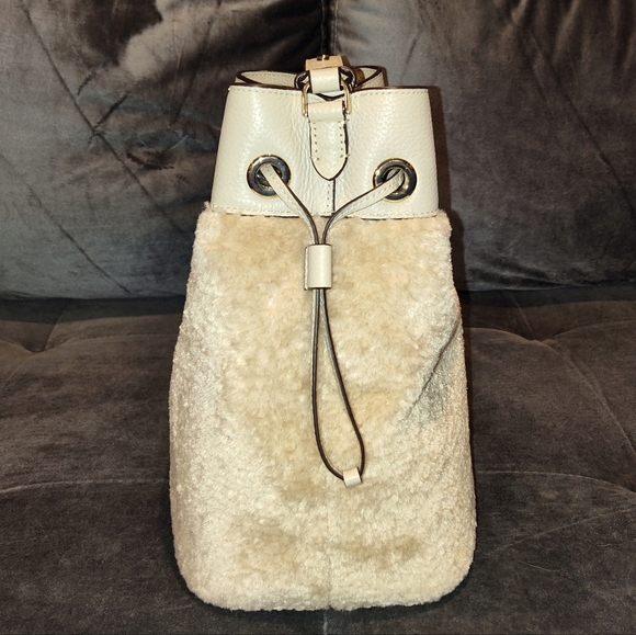 KATE SPADE MARTI MIXED DRAW-STRING BUCKET BAG BLUSH LEATHER & PLUSH FAUX FUR EUC - Picture 6 of 13